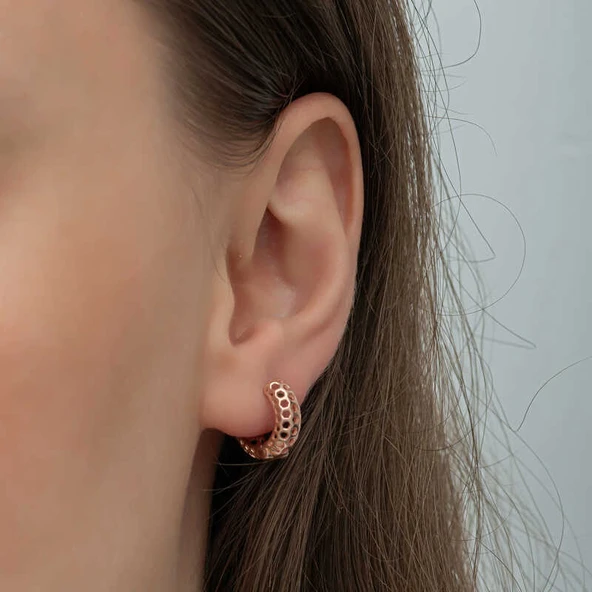 BlackCraft Gümüş Rose Petek Desenli Halka Kadın Küpe (BC-03D543) - Resim 5