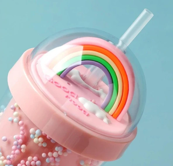 PİPETLİ BARDAK MATARA SEVİMLİ SULUK 450 ml ÇİFT KATMANLI BONCUKLU - 2