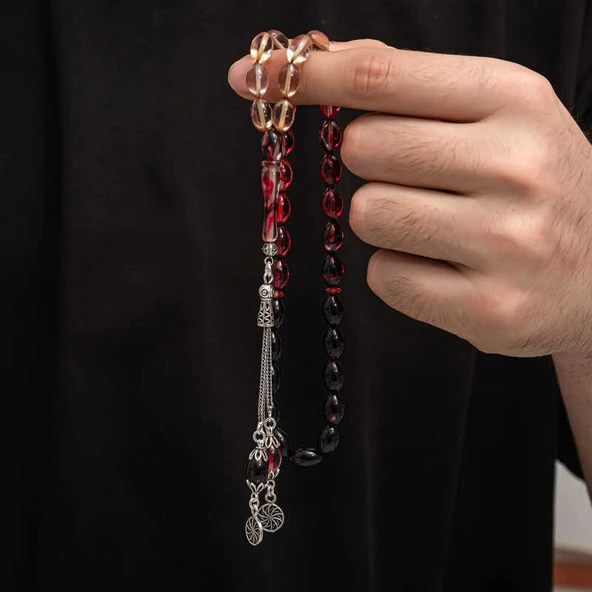 BlackCraft Gümüş Püskül Sıkma Kehribar Tesbih (BC-2EE3B4) - Resim 4