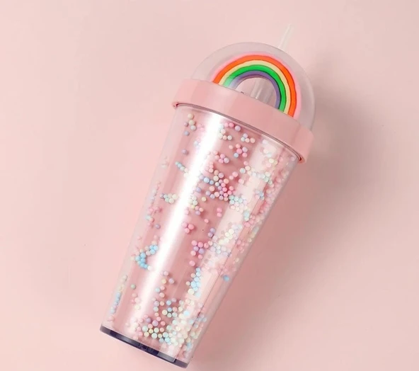 PİPETLİ BARDAK MATARA SEVİMLİ SULUK 450 ml ÇİFT KATMANLI BONCUKLU - 3