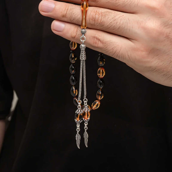 BlackCraft Gümüş Püskül Sıkma Kehribar Tesbih (BC-2EE3B4)