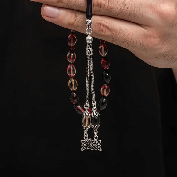 BlackCraft Gümüş Püskül Sıkma Kehribar Tesbih (BC-2EE3B4) - Resim 4