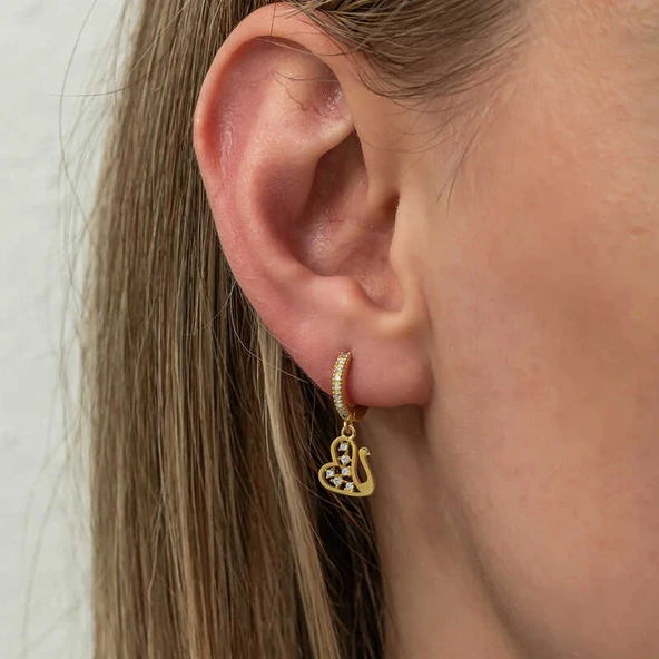 BlackCraft Gümüş Sallantılı Gold Kuğu Kadın Küpe (BC-676F96) - Resim 4