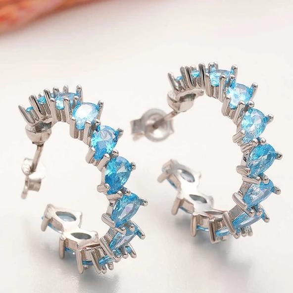 BlackCraft Gümüş Akuamarin Taşlı Damla Çivili Kadın Küpe (BC-80EA5E)