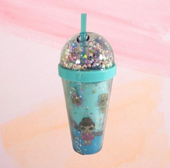 PİPETLİ BARDAK MATARA SEVİMLİ SULUK 450 ml ÇİFT KATMANLI MAVİ - 2