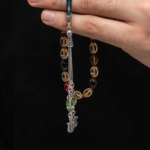 BlackCraft Gümüş Püskül Sıkma Kehribar Tesbih (BC-2EE3B4) - 4