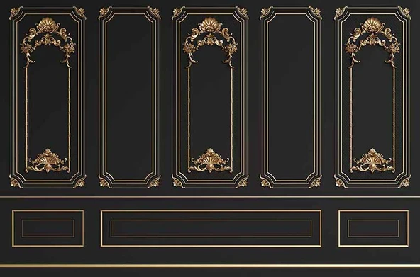 3 Boyutlu Saray Siyah Düz Panel Altın Motif Duvar Kağıdı Baskı - Resim 7