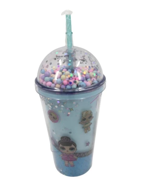 PİPETLİ BARDAK MATARA SEVİMLİ SULUK 450 ml ÇİFT KATMANLI MAVİ - 3