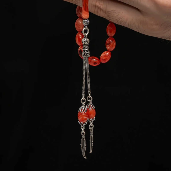 BlackCraft Gümüş Püskül Sıkma Kehribar Tesbih (BC-2EE3B4) - Resim 3