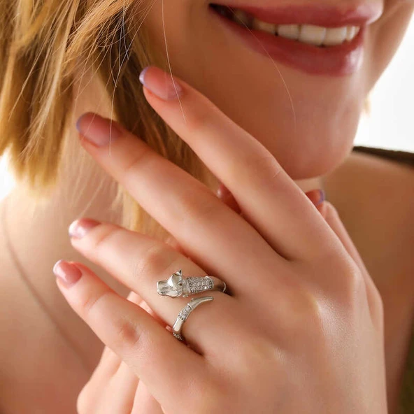 BlackCraft ​925 Ayar Gümüş Ayarlanabilen Kaplan Figürlü Kadın Yüzük (BC-2698E5) - 2