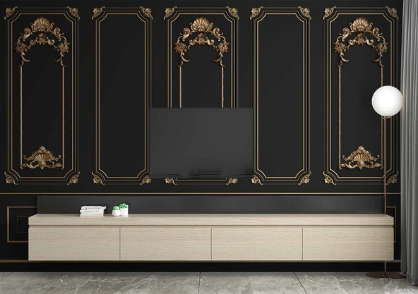 3 Boyutlu Saray Siyah Düz Panel Altın Motif Duvar Kağıdı Baskı - Resim 3