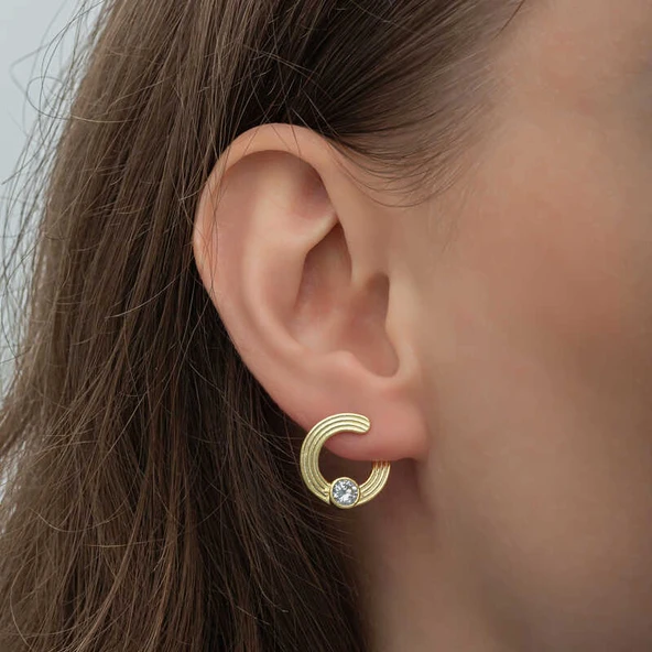 BlackCraft Gümüş Gold Tektaş Halka Kadın Çivili Küpe (BC-5B46EB) - Resim 3