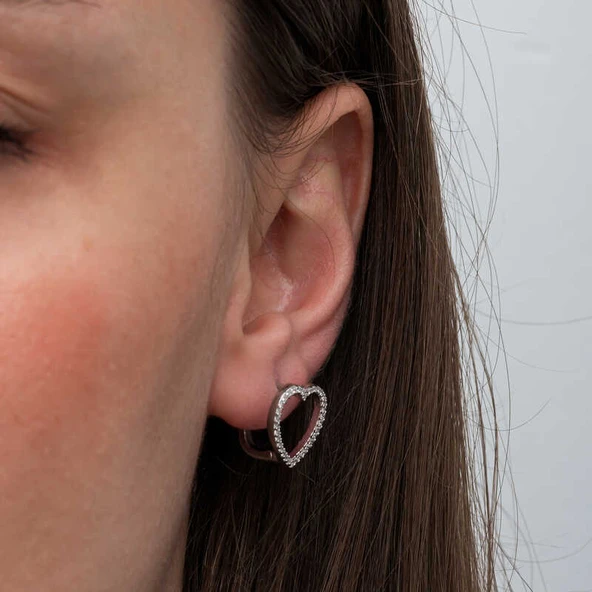 BlackCraft Gümüş Kalpli Kadın Küpe (BC-3DC772) - Resim 4