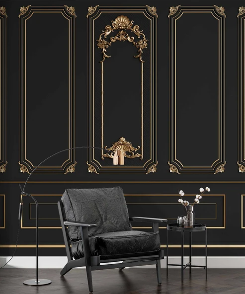 3 Boyutlu Saray Siyah Düz Panel Altın Motif Duvar Kağıdı Baskı - Resim 6