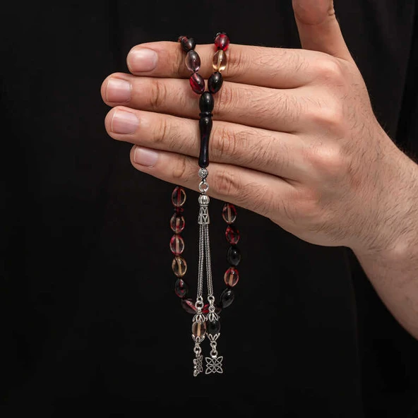 BlackCraft Gümüş Püskül Sıkma Kehribar Tesbih (BC-2EE3B4) ürün görseli 1