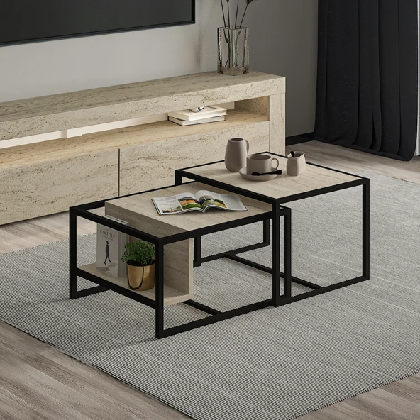 Batı 2’li Modern Orta Sehpa Takımı – Metal Ayaklı, Alt Raflı