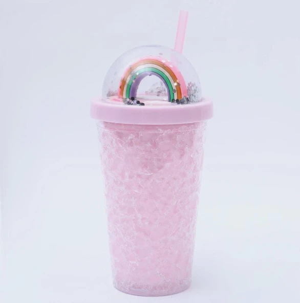 PİPETLİ BARDAK MATARA SEVİMLİ SULUK 450 ml ÇİFT KATMANLI KALPLİ PULLU - 5