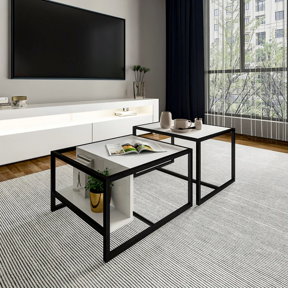 Batı 2’li Modern Orta Sehpa Takımı – Metal Ayaklı, Alt Raflı