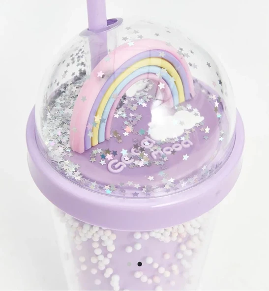 PİPETLİ BARDAK MATARA SEVİMLİ SULUK 450 ml ÇİFT KATMANLI BONCUKLU