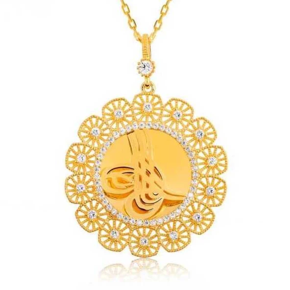 BlackCraft 925 Ayar Gümüş Tuğralı Altın Kaplama Kadın Gümüş Kolye (BC-1D8729) ürün görseli 1