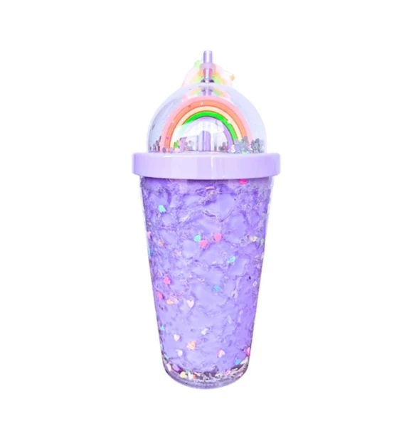 PİPETLİ BARDAK MATARA SEVİMLİ SULUK 450 ml ÇİFT KATMANLI KALPLİ PULLU - 3