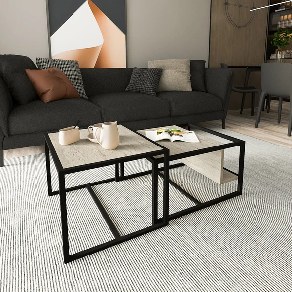 Batı 2’li Modern Orta Sehpa Takımı – Metal Ayaklı, Alt Raflı - 3