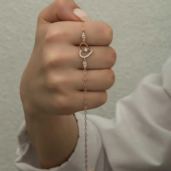 BlackCraft 925 Ayar Gümüş Rose Kalpli Tektaş Kadın Bileklik stil sahibi - Resim 4