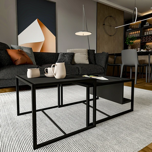 Batı 2’li Modern Orta Sehpa Takımı – Metal Ayaklı, Alt Raflı - 3