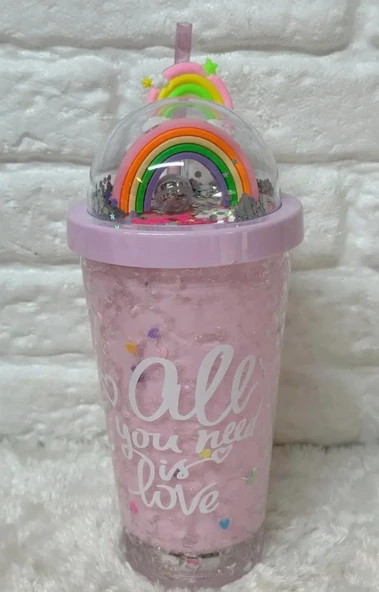 PİPETLİ BARDAK MATARA SEVİMLİ SULUK 450 ml ÇİFT KATMANLI KALPLİ PULLU - 2