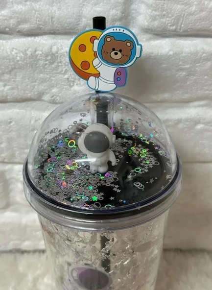 PİPETLİ BARDAK MATARA SEVİMLİ SULUK 450 ml ÇİFT ASTRONOT FİGÜRLÜ - 2