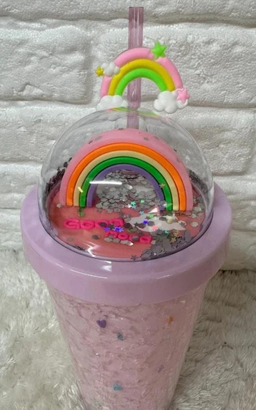 PİPETLİ BARDAK MATARA SEVİMLİ SULUK 450 ml ÇİFT KATMANLI KALPLİ PULLU