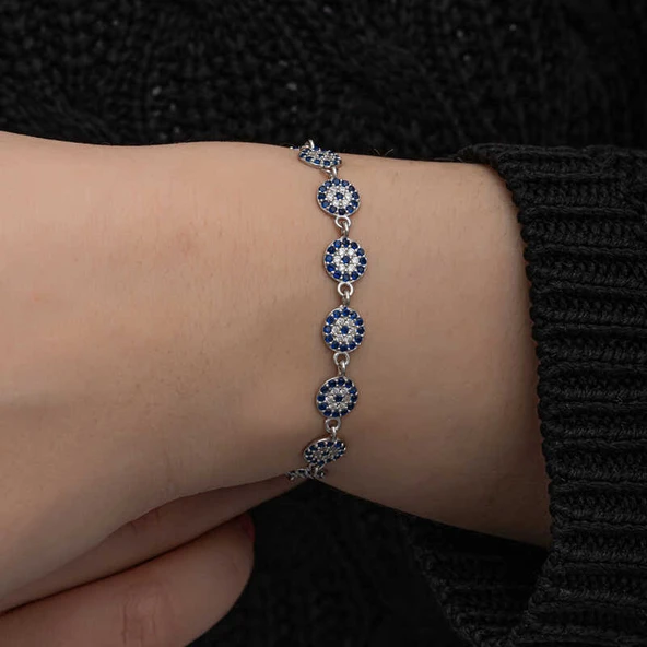 BlackCraft ​925 Ayar Gümüş Nazar Boncuklu Kadın Bileklik (BC-AF9EEE) - Resim 5