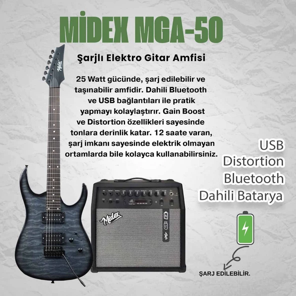Midex Crade-50AMP Grey Rosewood Super Strat Kasa HH Yüksek Kaliteli 50W Amfili Elektro Gitar Seti - Resim 2