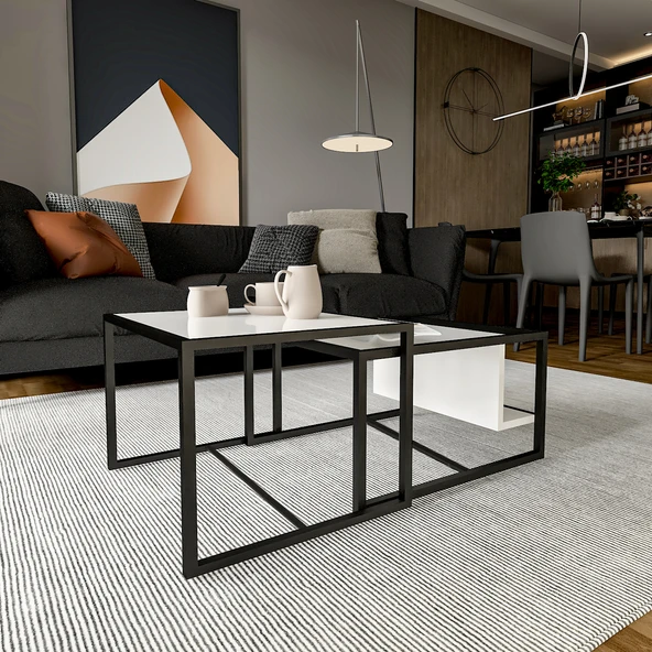 Batı 2’li Modern Orta Sehpa Takımı – Metal Ayaklı, Alt Raflı - 3