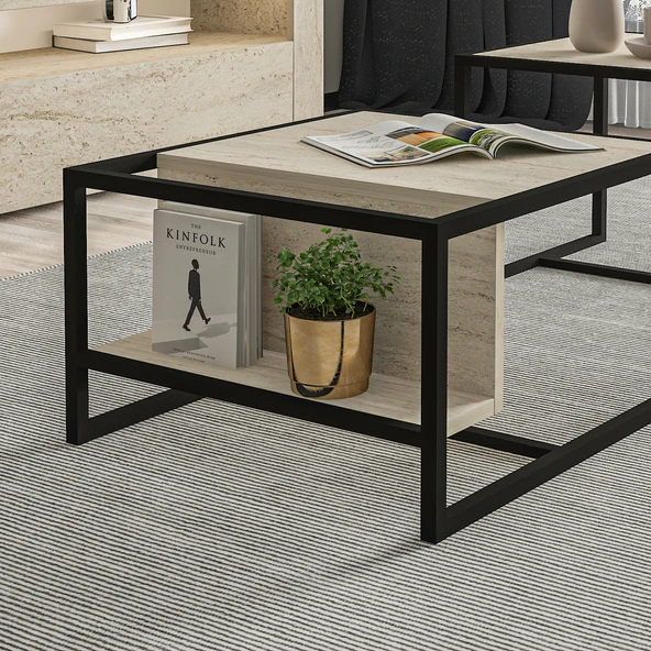 Batı 2’li Modern Orta Sehpa Takımı – Metal Ayaklı, Alt Raflı - 6