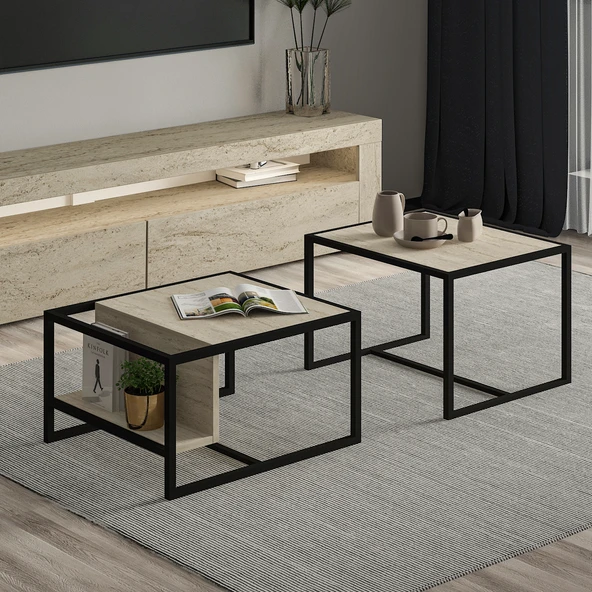 Batı 2’li Modern Orta Sehpa Takımı – Metal Ayaklı, Alt Raflı - 2