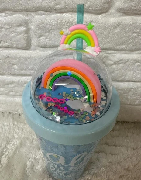 PİPETLİ BARDAK MATARA SEVİMLİ SULUK 450 ml ÇİFT KATMANLI KALPLİ PULLU