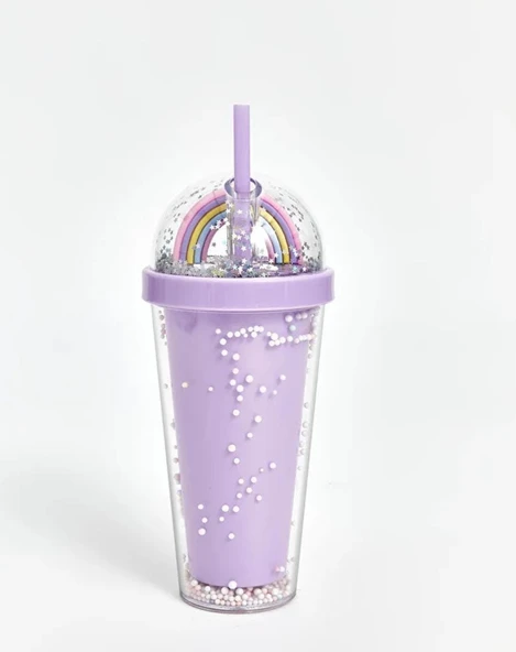 PİPETLİ BARDAK MATARA SEVİMLİ SULUK 450 ml ÇİFT KATMANLI BONCUKLU - 2