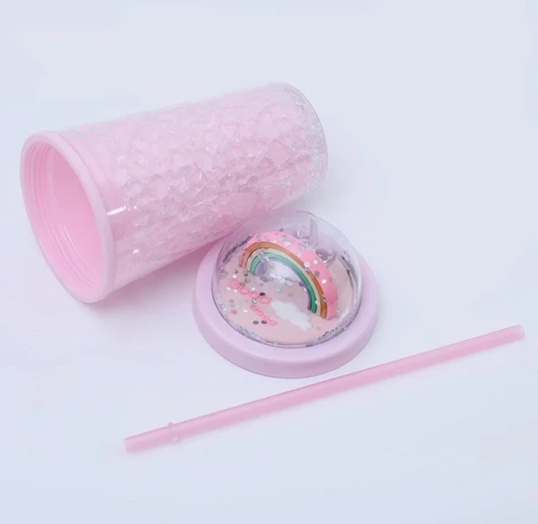 PİPETLİ BARDAK MATARA SEVİMLİ SULUK 450 ml ÇİFT KATMANLI KALPLİ PULLU - 4