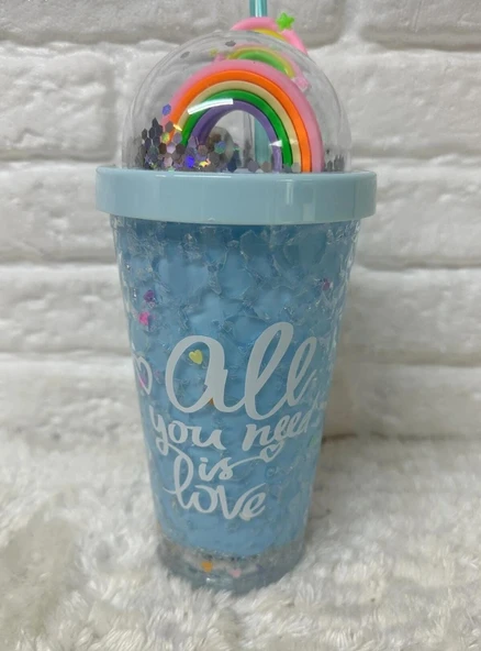 PİPETLİ BARDAK MATARA SEVİMLİ SULUK 450 ml ÇİFT KATMANLI KALPLİ PULLU - 2