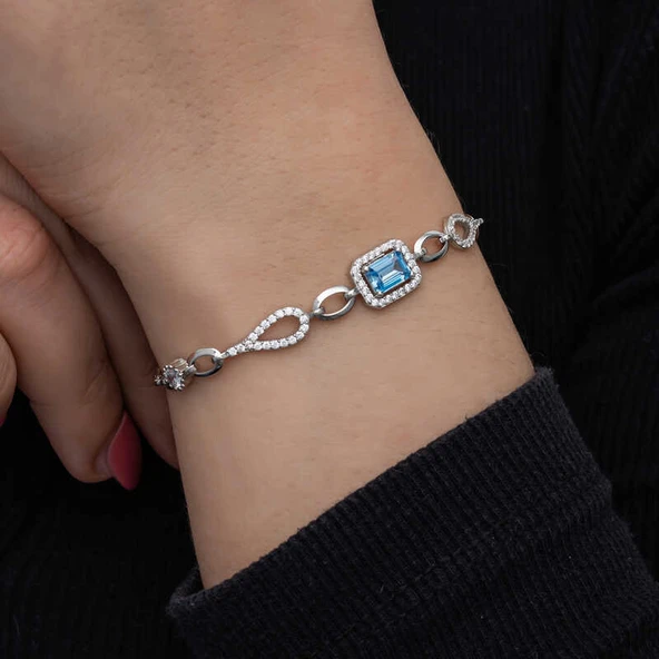 BlackCraft 925 Ayar Gümüş Baget Turkuaz Taşlı Kadın Bileklik (BC-82A366) - 4