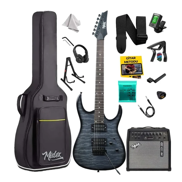 Midex Crade-50AMP Grey Rosewood Super Strat Kasa HH Yüksek Kaliteli 50W Amfili Elektro Gitar Seti ürün görseli 1
