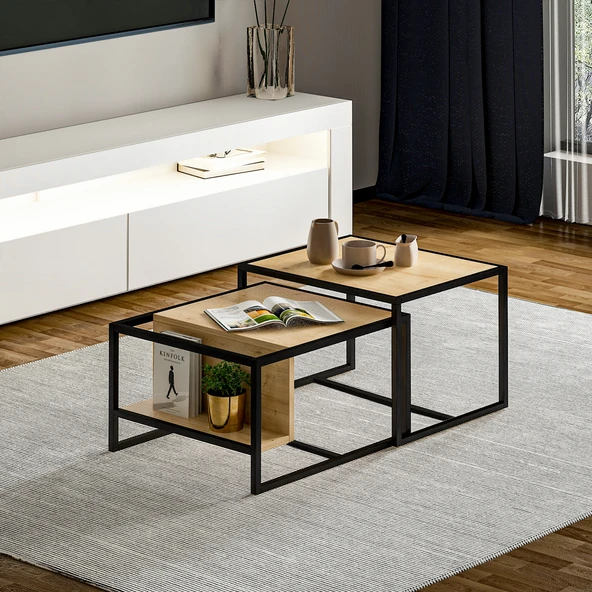 Batı 2’li Modern Orta Sehpa Takımı – Metal Ayaklı, Alt Raflı