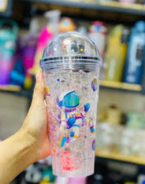 PİPETLİ BARDAK MATARA SEVİMLİ SULUK 450 ml ÇİFT ASTRONOT FİGÜRLÜ - 2