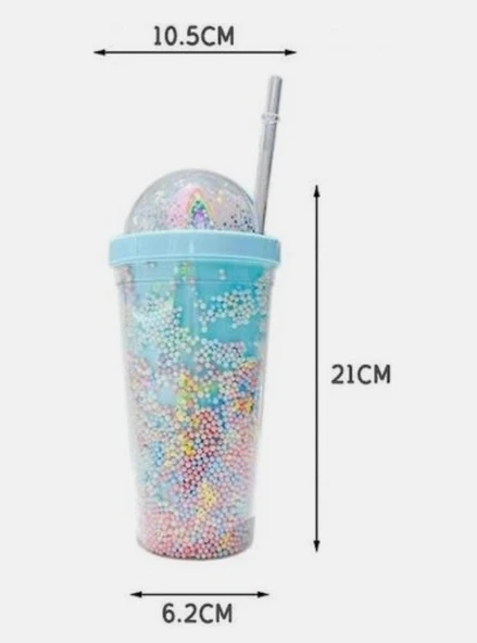 PİPETLİ BARDAK MATARA SEVİMLİ SULUK 450 ml ÇİFT KATMANLI BONCUKLU - 2