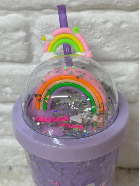 PİPETLİ BARDAK MATARA SEVİMLİ SULUK 450 ml ÇİFT KATMANLI KALPLİ PULLU - 2