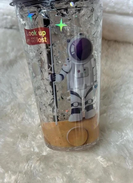 PİPETLİ BARDAK MATARA SEVİMLİ SULUK 450 ml ÇİFT ASTRONOT FİGÜRLÜ