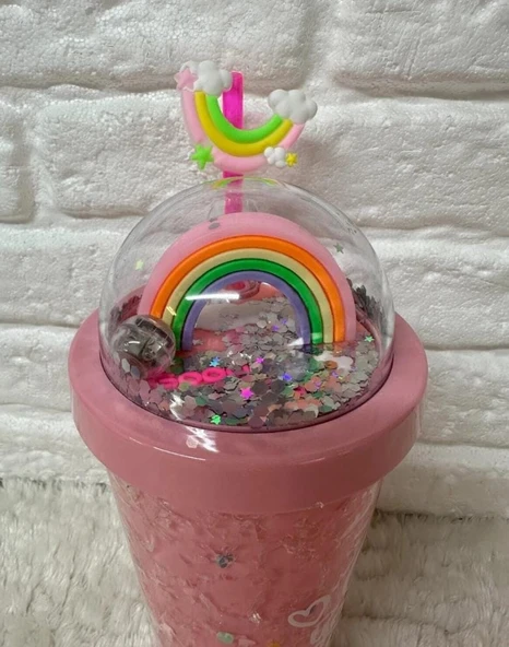 PİPETLİ BARDAK MATARA SEVİMLİ SULUK 450 ml ÇİFT KATMANLI KALPLİ PULLU - 3