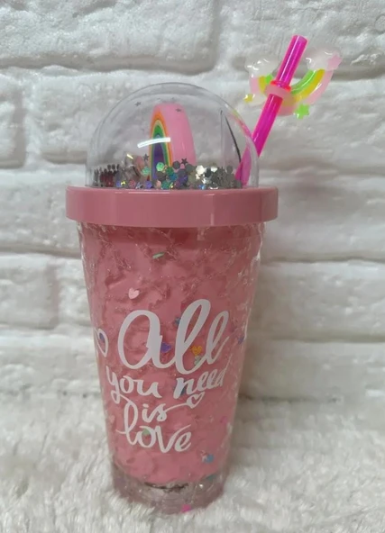 PİPETLİ BARDAK MATARA SEVİMLİ SULUK 450 ml ÇİFT KATMANLI KALPLİ PULLU