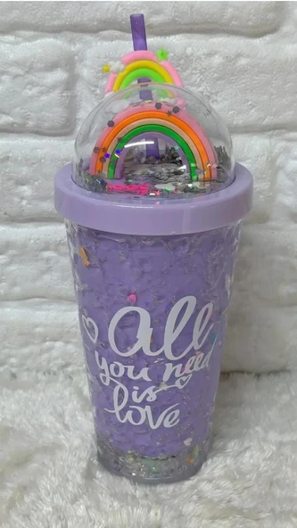 PİPETLİ BARDAK MATARA SEVİMLİ SULUK 450 ml ÇİFT KATMANLI KALPLİ PULLU